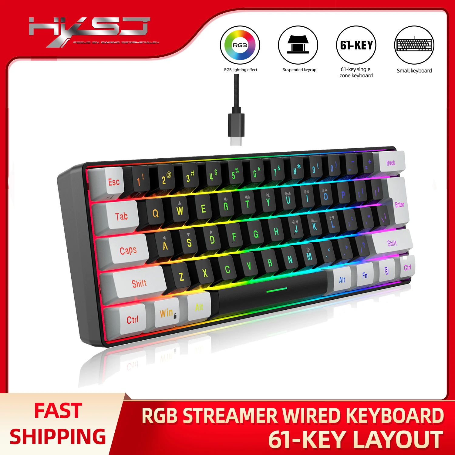 Клавиатура игровая Проводная с Rgb-подсветкой 61 клавиша 60% клавиши