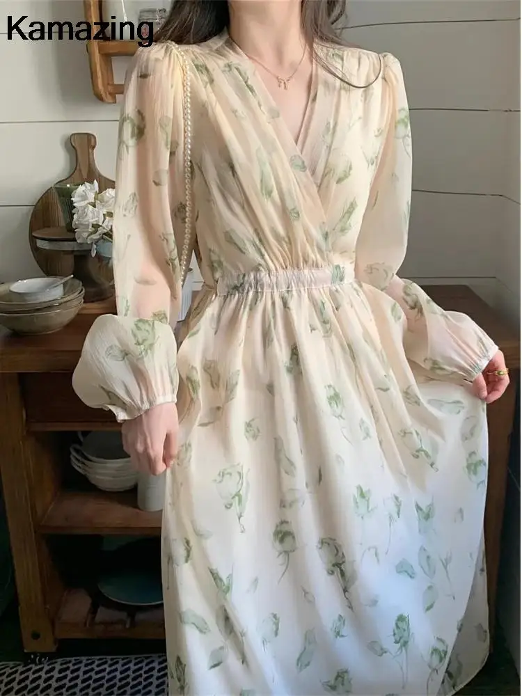 

Французское винтажное пляжное платье с цветочным принтом, Осеннее вечернее вечерние, длинное платье на выпускной, на шнуровке, Корейская цельная летняя шифоновая одежда