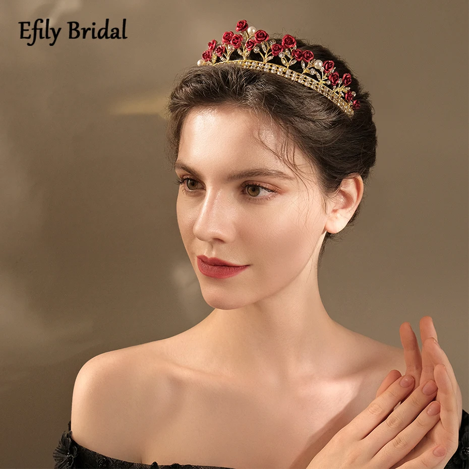 

Vintage Red Rose Crown Flower Tiara Headband Wedding Bridal Hair Accessories Pearl Rhinestone Headpiece Women Jewelry Crown Gift