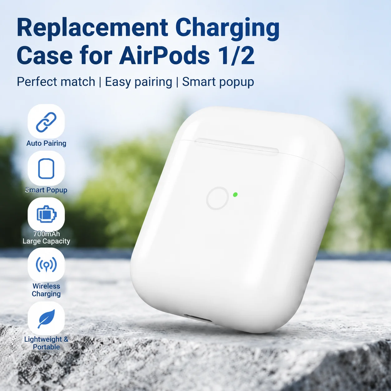 Фото Сменный зарядный чехол для AirPods 1/2 поколения, 700 мАч, беспроводная и проводная зарядка, функция автоматического сопряжения, светодиодный индикатор заряда батареи №3
