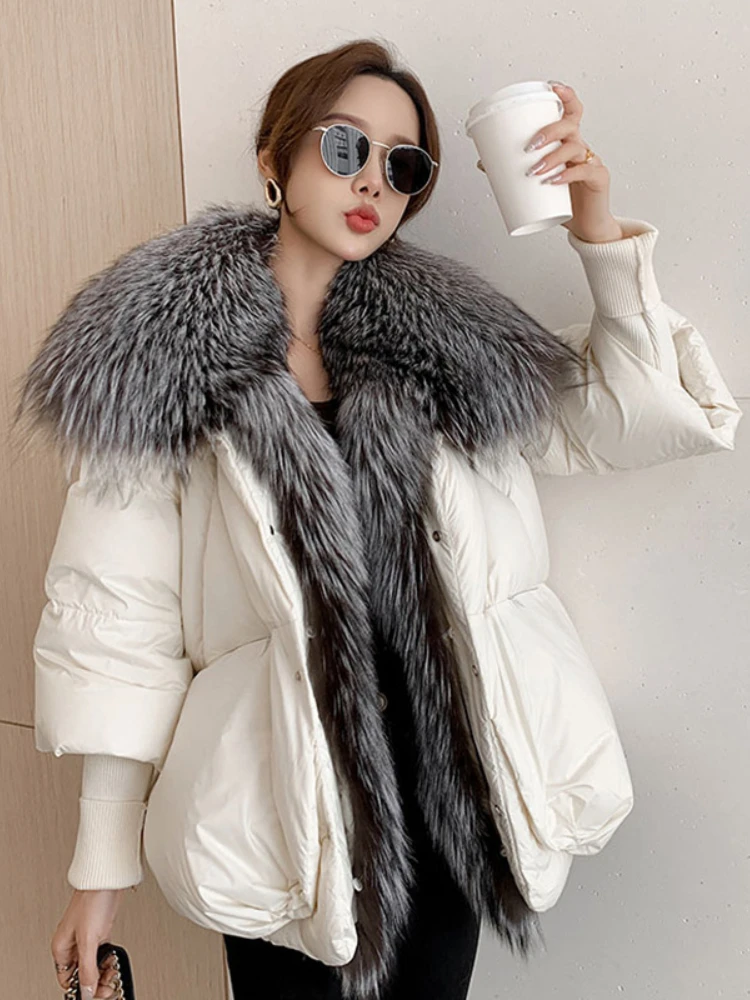 Female 2022 Winter Silver Fox Fur Collar White Goose Down Jacket Short Parker Collar Detachable Thick Warm Real Fur Jacket Women