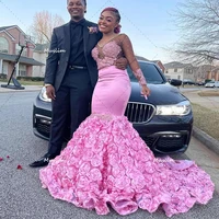 black girls pink prom dresses 2022 aso ebi elegant long sleeve mermaid evening gowns with flowers pearls lace engagement wear
