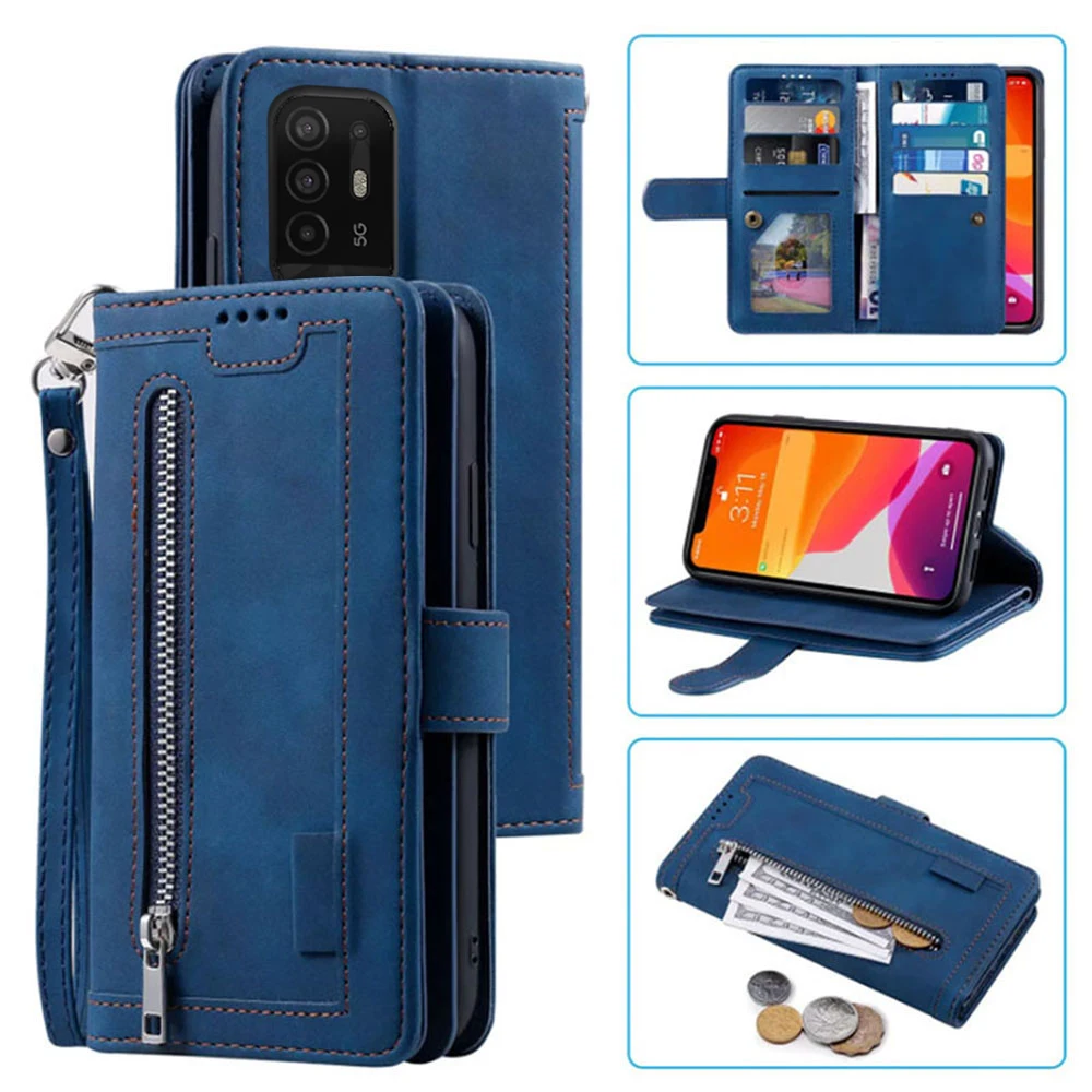 

9 Cards Wallet Case For Oppo F19 Pro Plus Reno5 Z Case Card Slot Zipper Flip Folio with Wrist Strap Carnival For Oppo A94 A95 5G