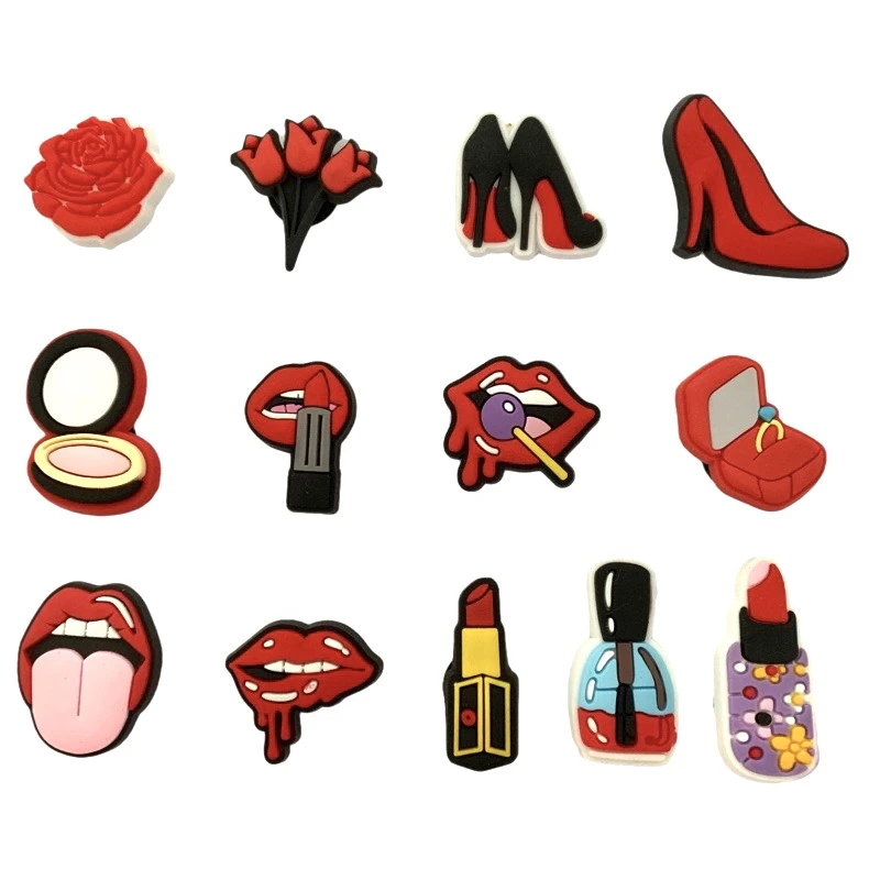 

Rose Flower Lipstick Pvc Croc Jibz Shoes Charms Shoe Decoration Fit Bakcpack Bracelets Croc Accessories Kids Party Gift