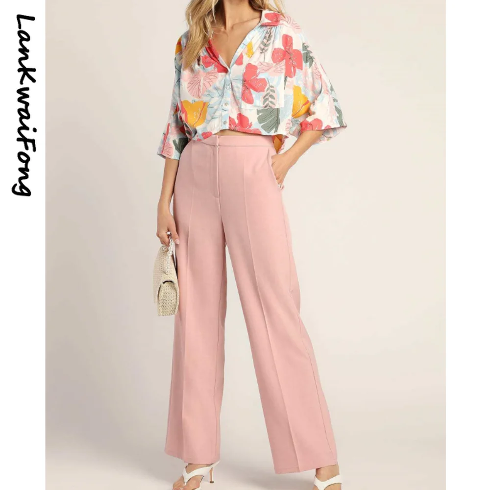 

LKF2023 New Fashion Elegant Pants Set Loose Shirt Top and Straight Leg Pants Two piece Commuter Office Casual Pants