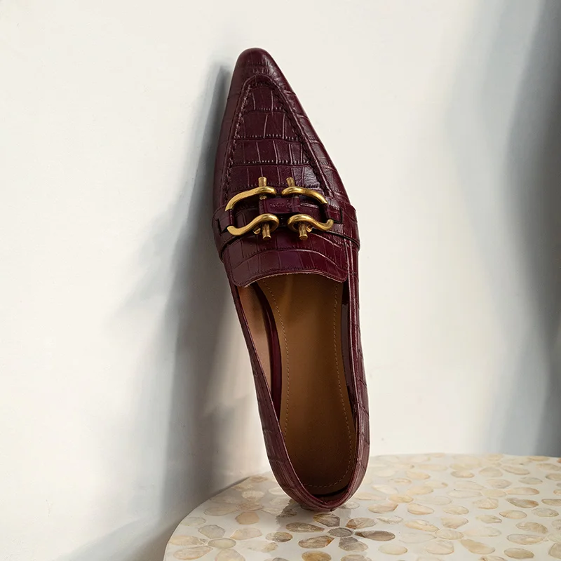 

Women Flats for Slip On Square Toe Ladies Loafers Embossed Cow Leather Female Flat Shoes For Daily with Metal Buckle Mocasines