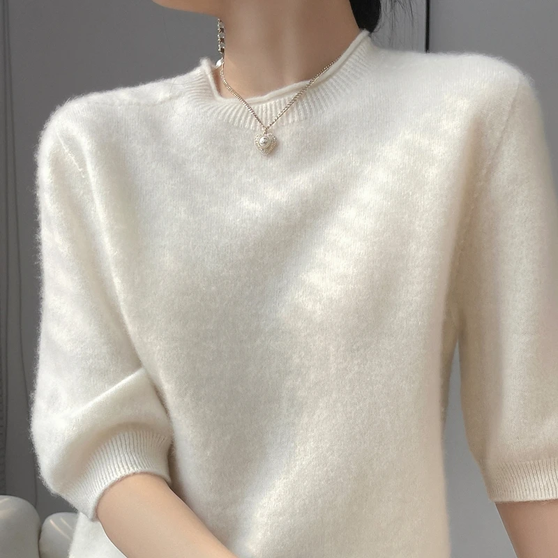 

Solid Color Round Neck Sweater Women' Thin Loose Underlay Half Sleeve Gentle Style Knitwear Pullover Short Top Spring Summer New