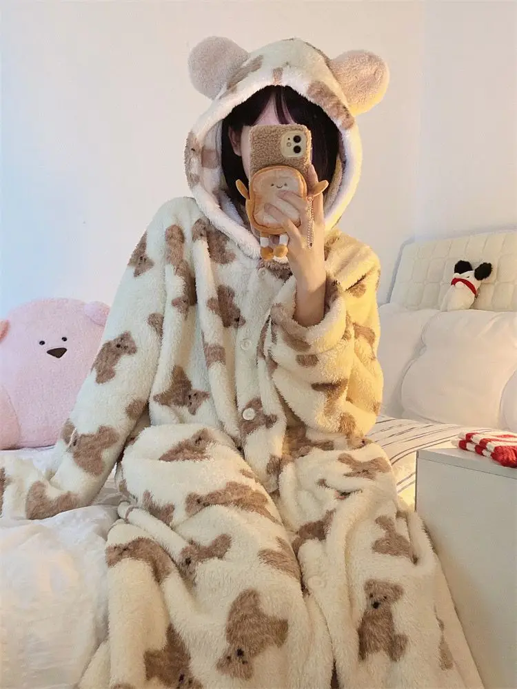Yasuk Winter Women's Men Casual Warm Soft Sleepwear Hooded Gown Pajamass Velvet Fleecel Robes Many Bear Couple Unisex