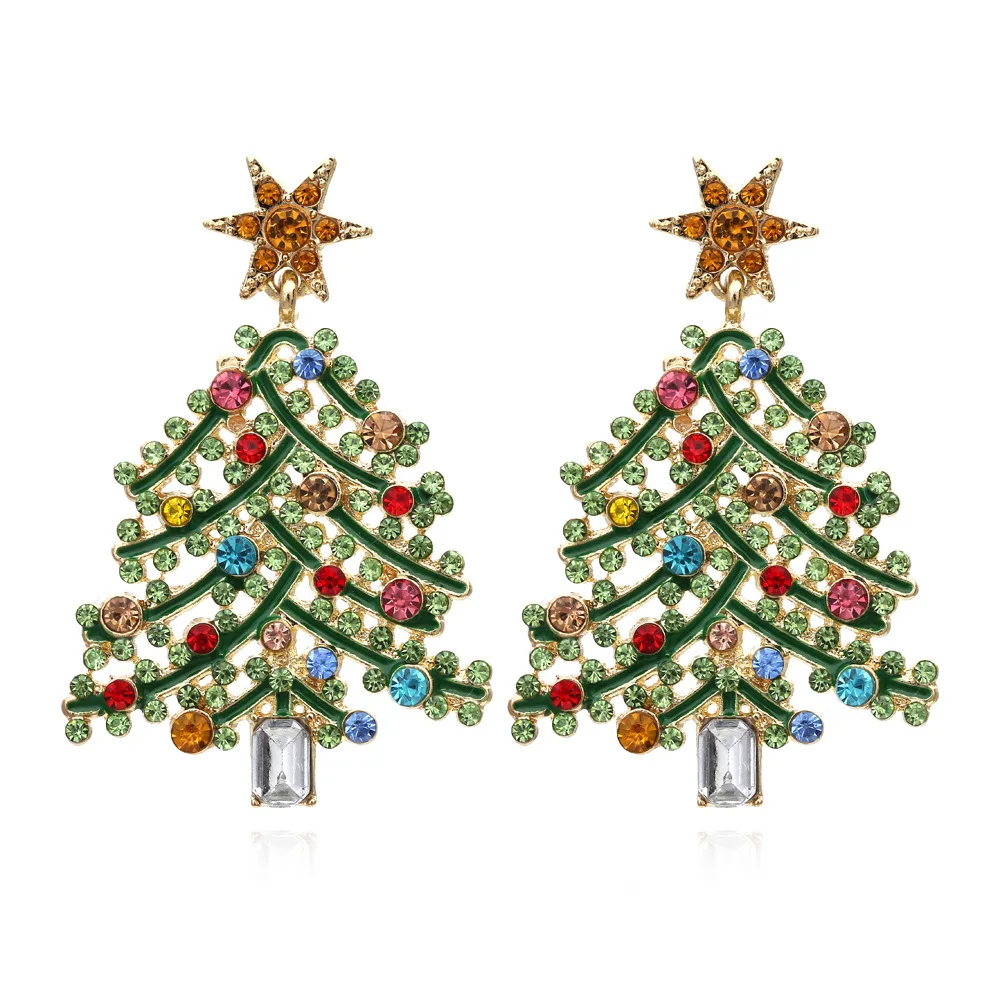 

Exaggerated Creative Hollowout Inlaid Diamond Christmas Tree Earrings Personality Temperament Color Diamond Pendant Earrings