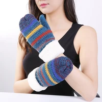 cross border winter new trendy ladies striped mixture knitted knitted wool plus thickened finger warm ski gloves