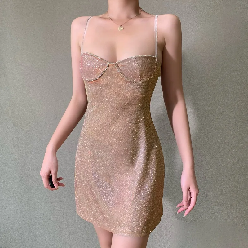 

Sexy Bright Silk Diamond Women Mini Dress Low-Neck Sleeveless Backless Night Club Party Bodycon Dress New Elegant Princess Dress