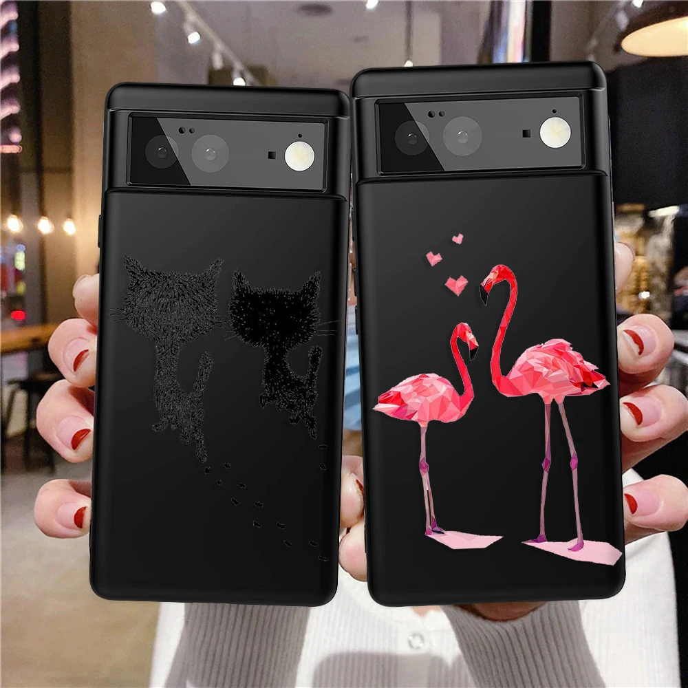 

Cartoon Flamingo Cat Phone Case For Google Pixel 7a 7Pro 7 6a 6 6Pro 5 5a 4a 5G 4XL 4 3XL 3 3a 3aXL Luxury Black Soft TPU Cover