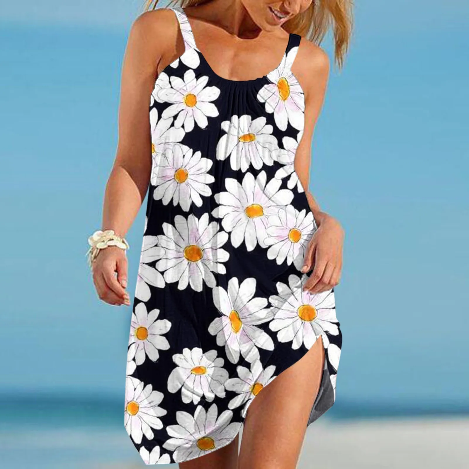 

Women Summer Dress New Fashion Floral Print Crewneck Sleeveless Beach Dress Casual Comfy Boho Strappy Dresses Holiday Vestidos