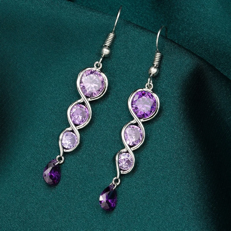 

UILZ Luxury Purple Color Zircon Dangle Earrings for Women Fashion Shiny Water Drop Long Earring Wedding Party Jewelry