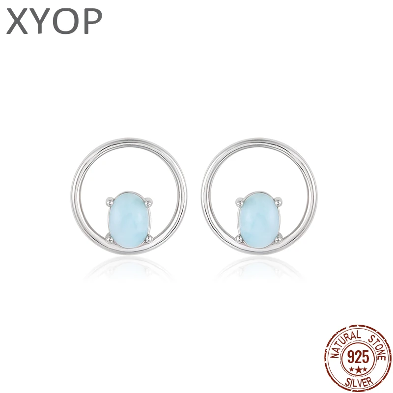 

2021 Simple Fashion Geometric Round Charm 925 Sterling Silver Jewelry Gift Classic Natural Precious Larimar Earrings for Women
