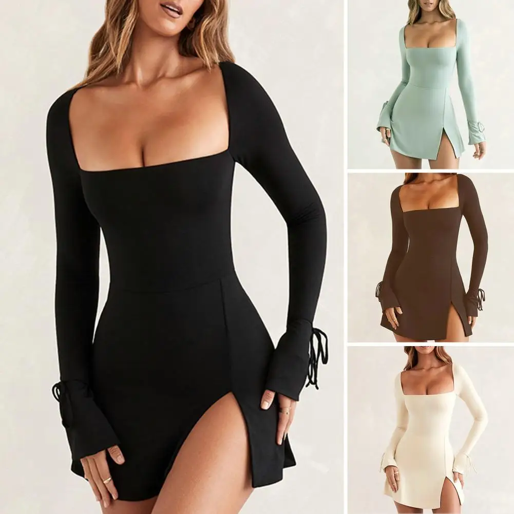 

Breathable Women Dress Trendy Women's Square Neck Mini Dress Slim Fit High Waist Long Sleeve Split Hem Solid Color for Spring
