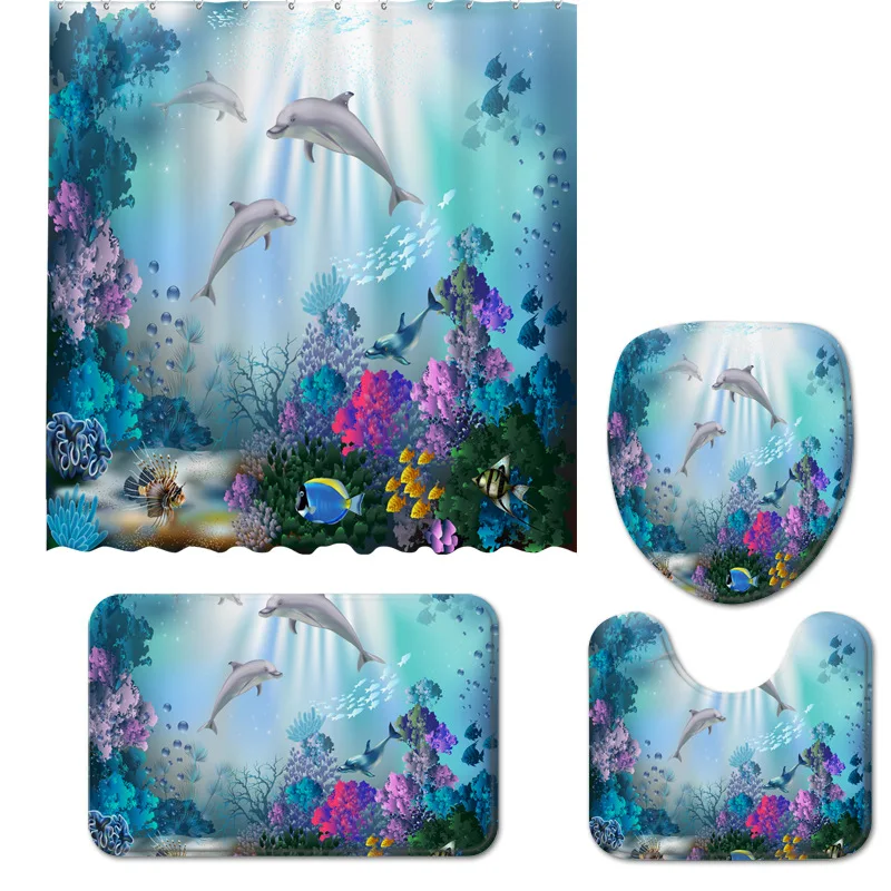 3D Print Fish Bath Curtain Dolphin Mat Set Marine Life Toilet Rugs Flower Carpet Waterproof Anti-slip Shower Curtains |
