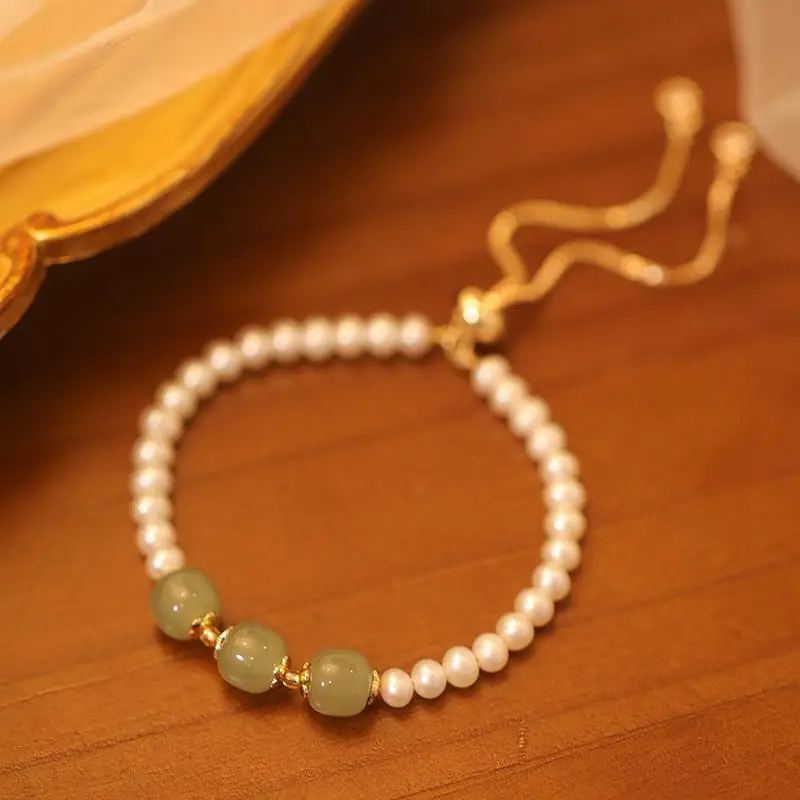 

100% натуральный пресноводный жемчуг и Нефритовый камень 14 К позолота женский браслет с подвесками ювелирные изделия для женщин Подарки на день Святого Валентина