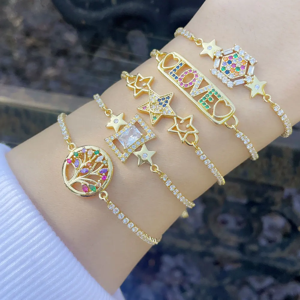 FLOLA Rainbow Crystal браслет Древо жизни для женщин Медный позолоченный Теннисный