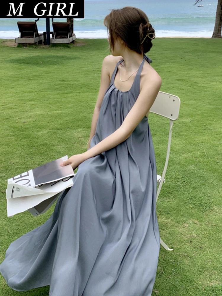 

Винтажное платье для девушек и женщин, летняя одежда с открытой спиной и подвесным воротником, новинка 2022, повседневные шикарные пикантные ...