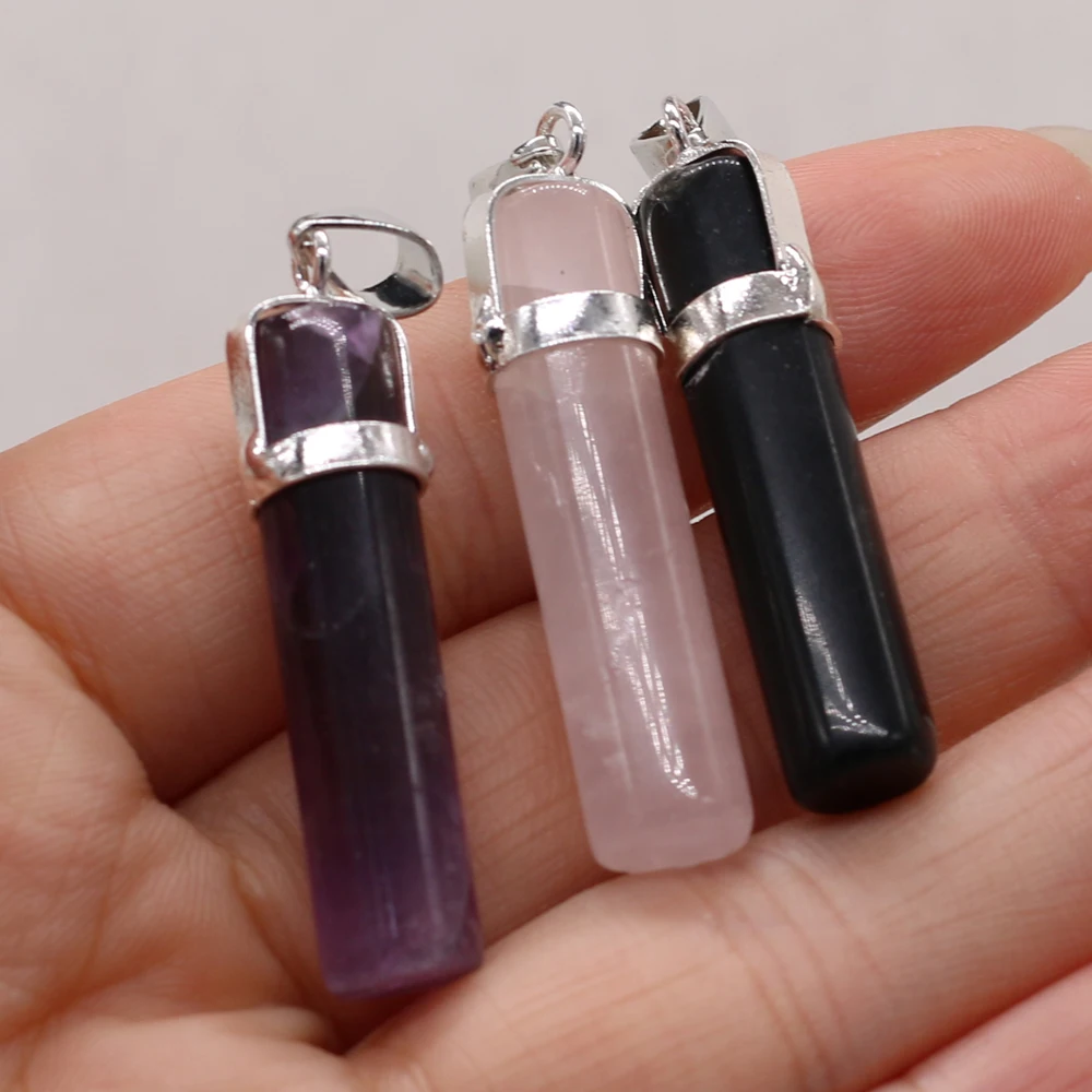 

10PCS Wholesale Price Natural Amethyst Agate Rose Quartz Long Cylindrical Pendant Jewelry Making DIY Exquisite Necklace Accessor