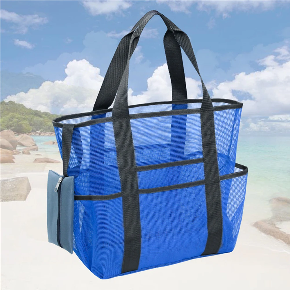 

Portable Mesh Bag With Pockets Towel Clothes Organizer Grocery Tote Sand Away Toy Storage Foldable Lightweight Large Capacity