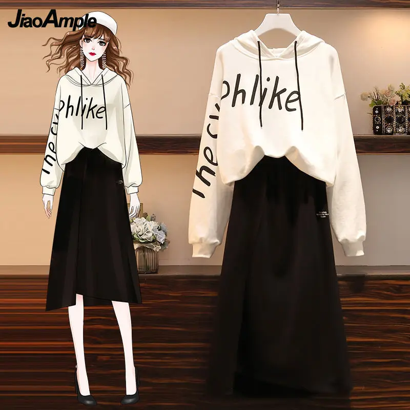 

2022 Spring Autumn Women's Hooded T Shirt Skirts 1 or Two Piece Dress Set Korean Lady Casual Letter Sweatshirt Midi Skirt Outfit