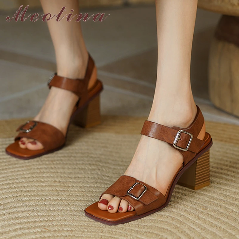 

Meotina Women Genuine Leather Sandals Square Toe High Heel Sandals Thick Heel Buckle Fashion Sandals Summer Ladies Design Shoes