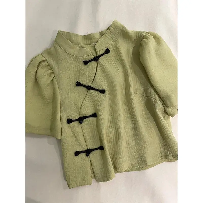 

New Chinese Style Green Shirts Summer Short Sleeve Crop Tops Blouses Women Y2k Slim Fit High Waist Camisas Elegant Streetwear