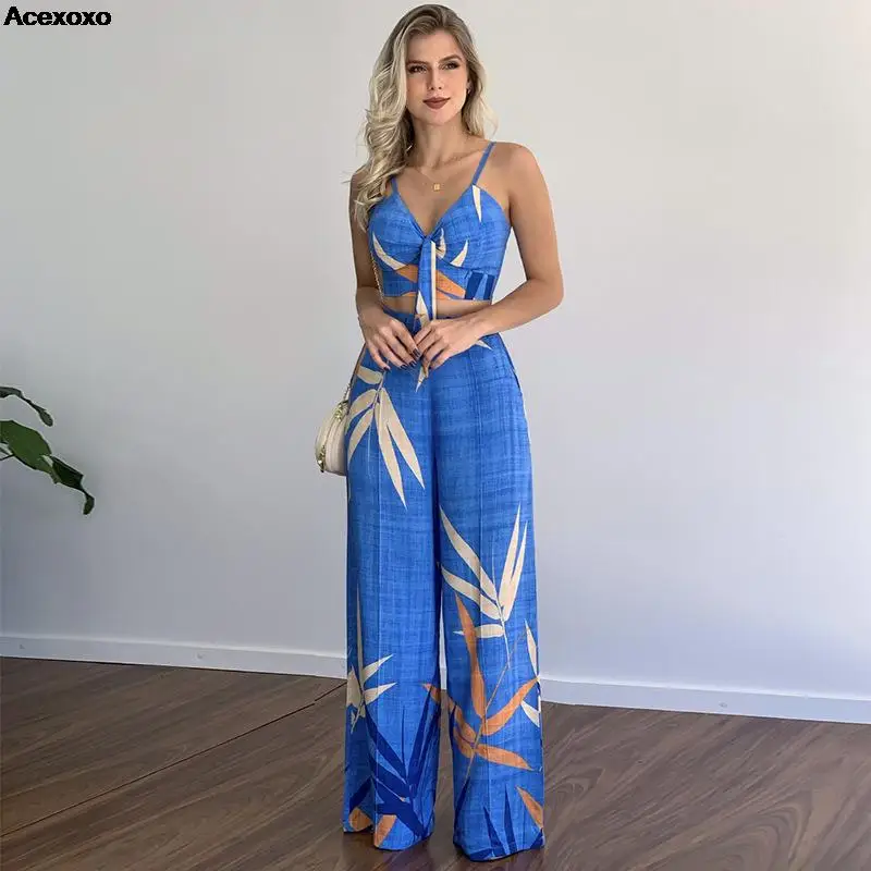 

New casual high waist V-neck top printed wide-leg pants two-piece set