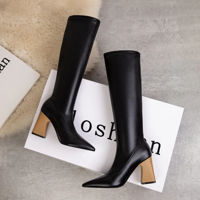 2022 Fashion Women 8.5cm Black Block High Heels Long Boots New Winter Warm Knee High Boots Soft Leather Thigh High Boots