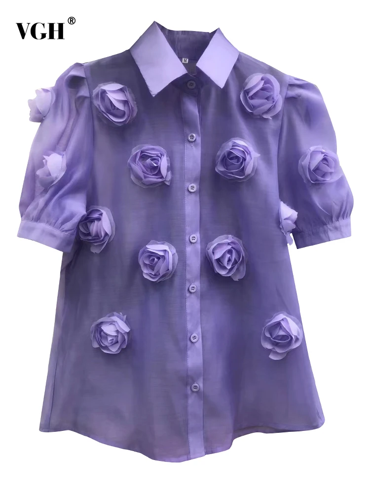 

VGH Casual Solid Shirts For Women Lapel Short Sleeve Patchwork Appliques Button Through Blouses Female 2022 Summer Fashion Style