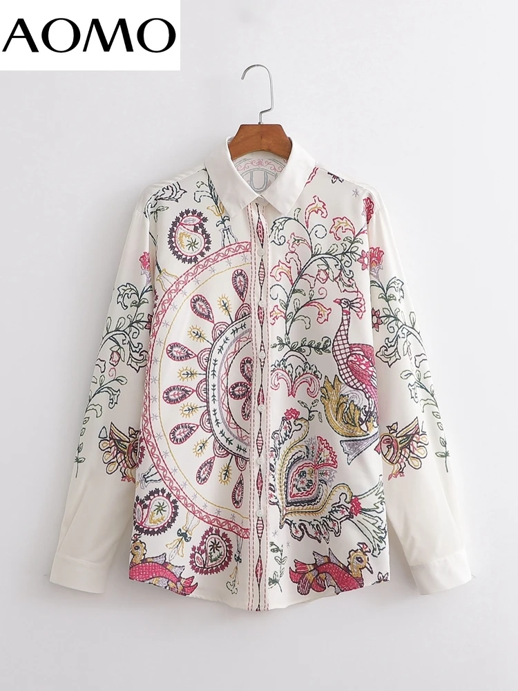 

AOMO Women Retro Paisley Flowers Print Chiffon Shirt Blouse Ruffles Long Sleeve Chic Female Tops 1D88A