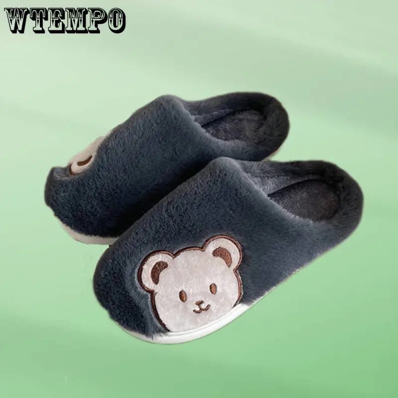 WTEMPO Cute Slippers Cartoon Bear Slides Non-Slip Winter Plush Slippers Couple Cotton Slippers Indoor Warm Shoes Wholesale