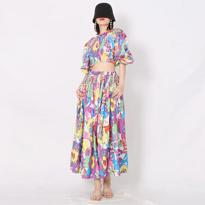 

2023 Two Piece Set for Women Round Lantern Sleeve Tops High Waist Midi Skirts Print Suit Summer Bohemian Style Dresses Women