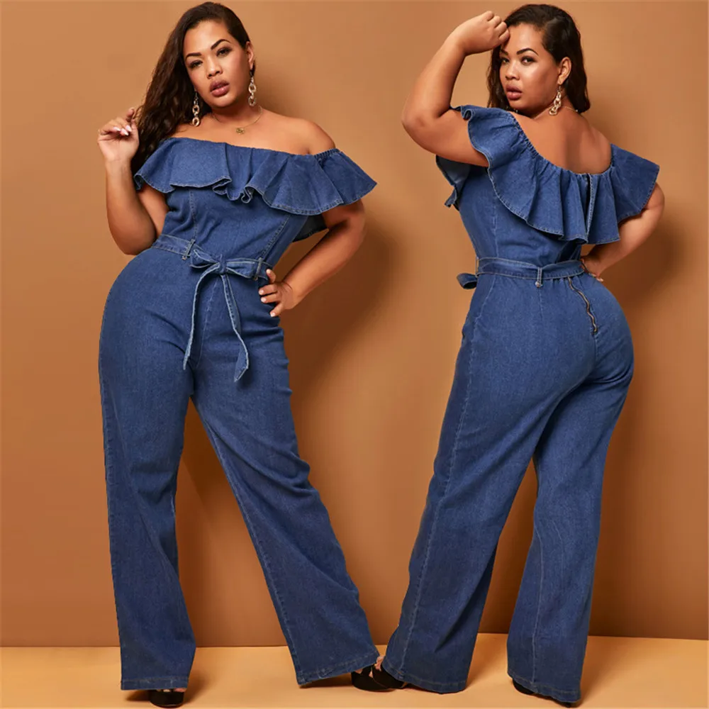 

Denim Jumpsuit Ruffled One-shoulder Tight Sexy Jumpsuit Solid Color Denim Blue Women's Clothing Fashion Office Lady Summer 2022