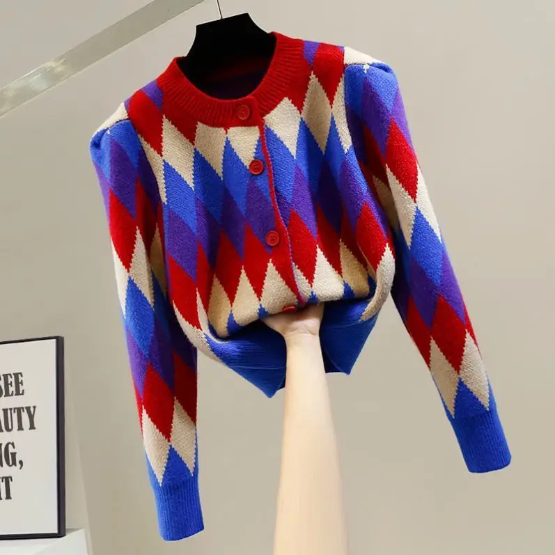 

2022 Women Spring Autumn New Retro Round Neck Cardigans Female Short Knitted Overcoats Ladies Contrast Color Sweater Coats Y341