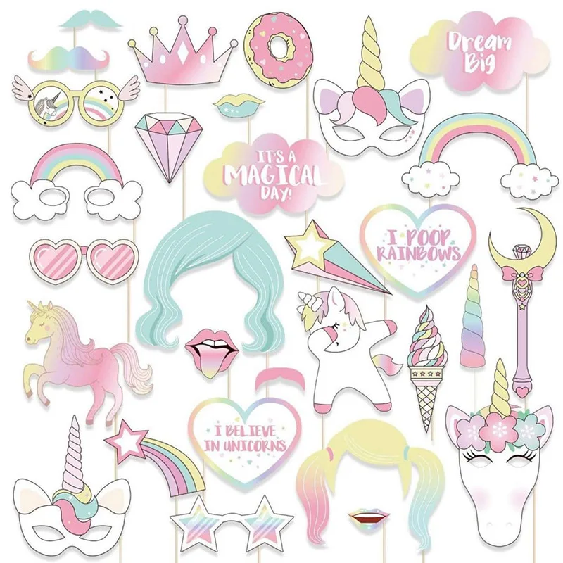 

29pcs Unicorn Photo Booth Props for Girls Kids Fiesta favors Party Decorations