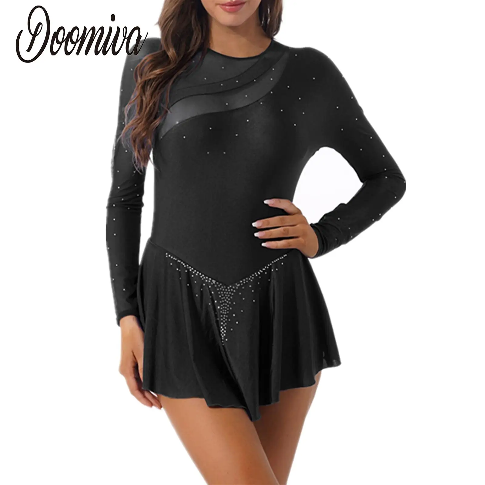 

Women Rhinestone Ballet Dress Mesh Long Sleeve Leotard Dress Ballet Dancewear Sparkling Figure Ice Skating Competition Costumes