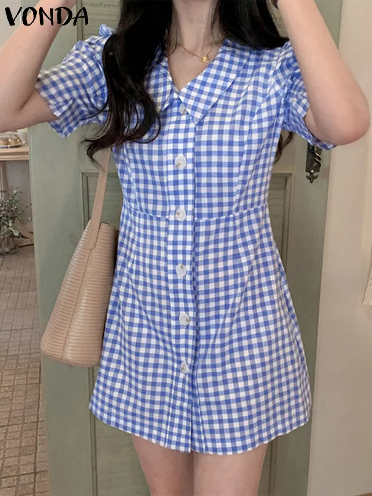 

VONDA Elegant Puff Short Sleeve Shirt Dress 2022 Women Lapel Button Up Plaid Bohemian Sundress Fashion Holiday Party Mini Dress