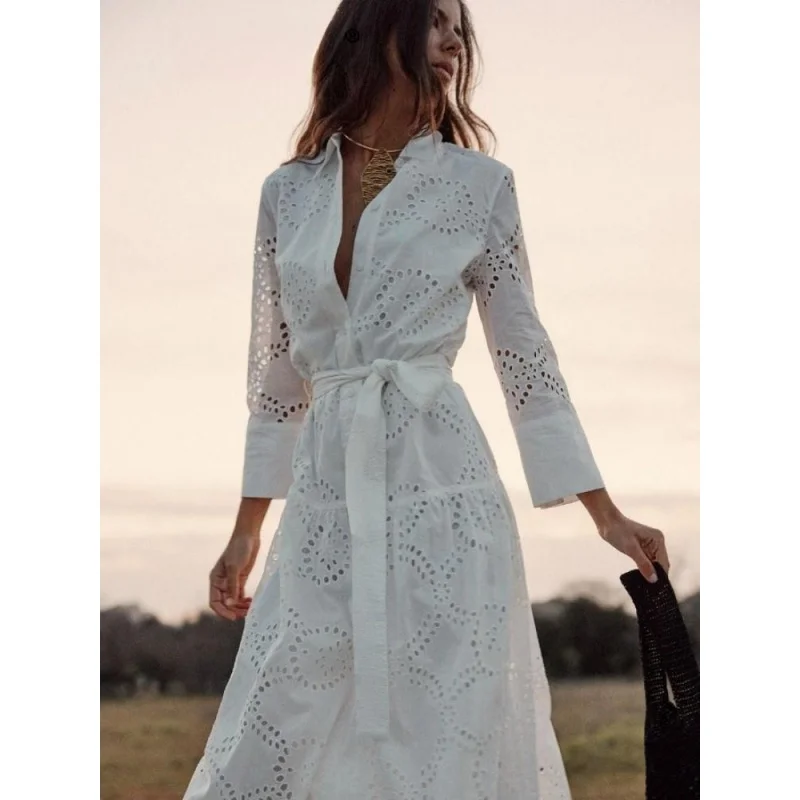 

2023 Elegant Embroidered Women Maxi Dress Chic Lapel Long Sleeve High Waist Lace Up Dresses Fashion Female Solid Vestidos
