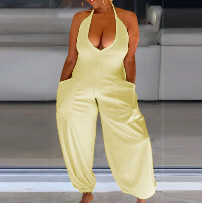 

WUHE Hip Hop Halter Neck Sleeveless Tie Up Backless Haren Women Jumpsuit 2022 Summer Sexy Hollow Out Playsuit Pocket Streetwear