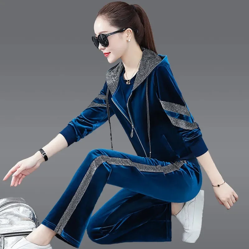 

Golden Velvet Tracksuit Suit Women Spring Autumn Casual Hooded Jacket + T-Shirt + Sweatpants Suit Velour Three Piece Set Female