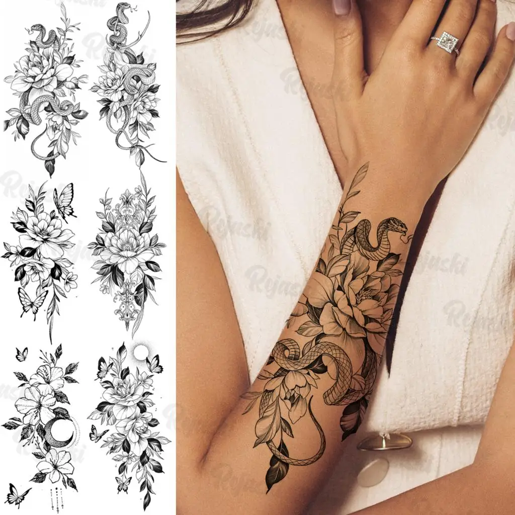 

Large Lotus Snake Temporary Tattoos For Women Girls Arm Leg Tatoos Realistic Serpent Butterfly Moon Flower Fake Tattoo Sticker