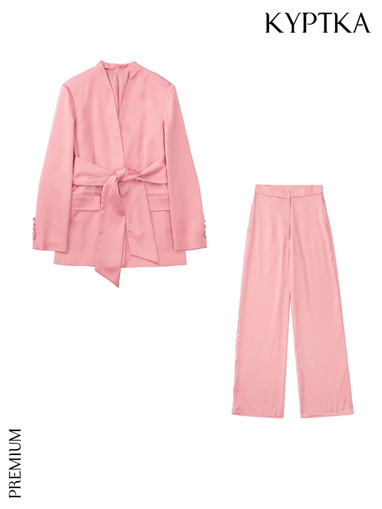 

KYPTKA Women Fashion With Belt Lapelless Satin Blazer Coat And High Waist Zipper Fly Straight Pants Female Suits Mujer