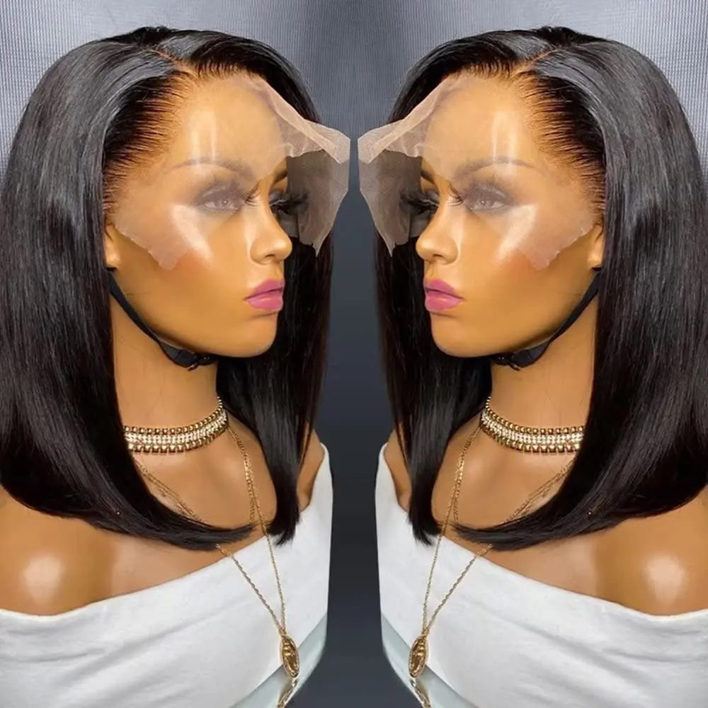 Peruvian Human Hair Lace Front Transparent Glueless Virgin Straight Bob Wigs 13x1 Lace Frontal Short Bob Wig