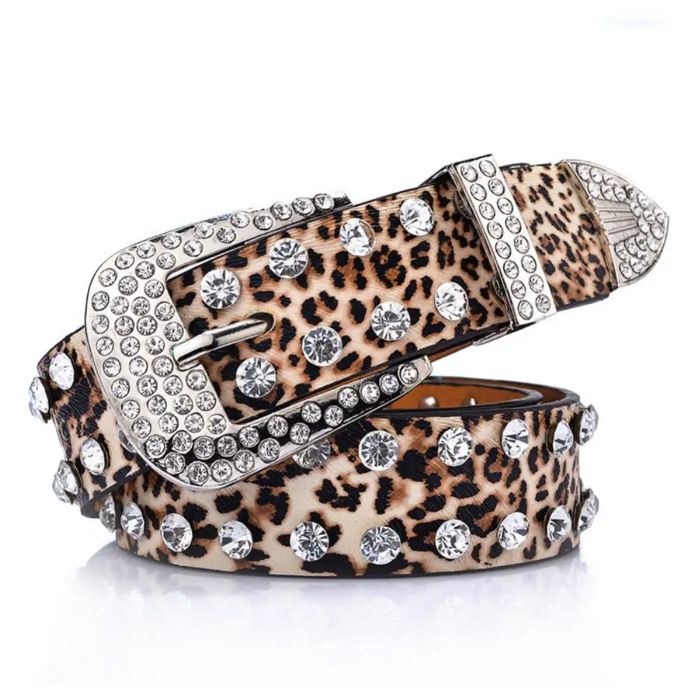 

Belt Soft Waist Belt Women Waistband Faux Leather Fashion Leopard Rhinestone Inlaid Buckle Cowgirl Metal Buckle