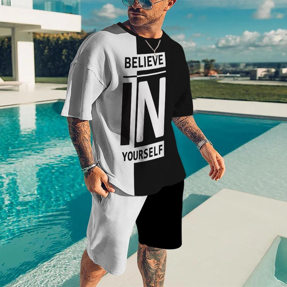 

Short Sleeve Men's Summer 3D-printed T-shirt Suit BELIEVE YOUR SELF Printed Jogging Suit Breathable Oversized O-neck Two-piece