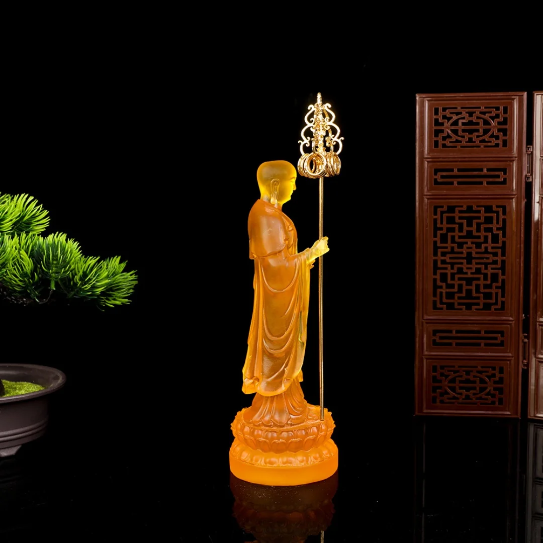 Фото Полупрозрачная фигурка Бодхисаттвы Кшитигарбхи в цветной глазури с троном-лотосом и посохом для украшения домашнего алтаря. №5
