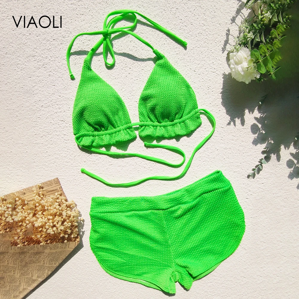 

Летние сексуальные ярко-зеленые бикини с лямкой через шею и оборками, облегающие сексуальные пляжные шорты, купальник на бретелях, купальны...